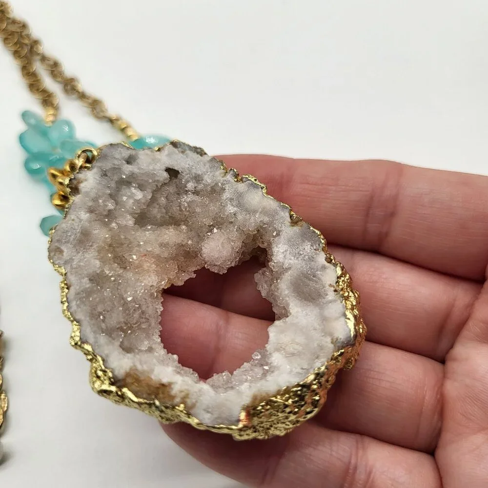 Laura J Finery Gold Plated Brass Necklace Druzy Geode Pendant Teal Gemstones - Picture 12 of 12